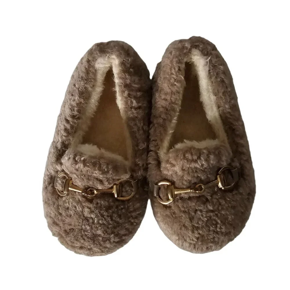 CVOI'S Kids Girls Khaki Warm Faux Shearling Loafers Winter Flat‎ Shoes Size 23